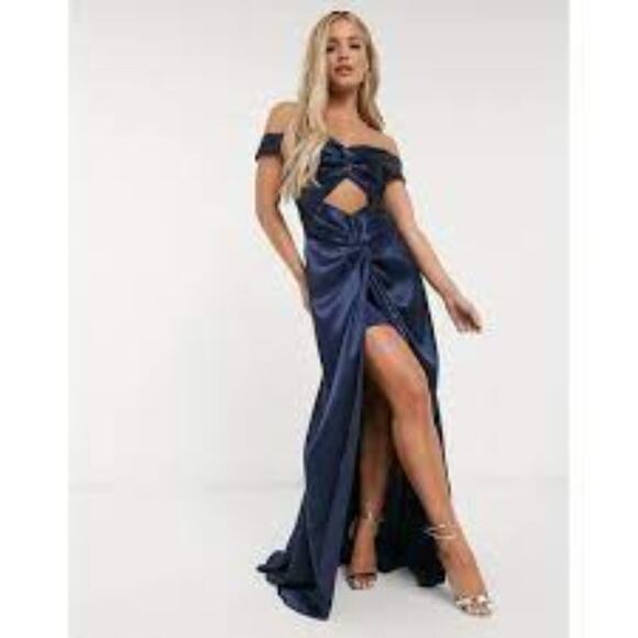 NWT YAURA Satin navy open front trumpet gown with cutout - Picture 1 of 9